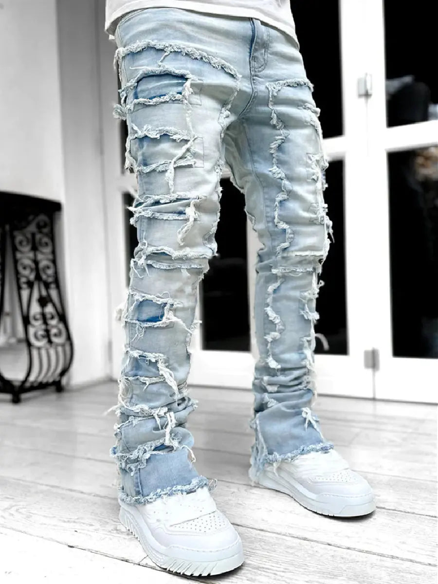 Ripped Jeans Male Retro Trend Street Style Fashion Spliced Slim Jeans Versatile