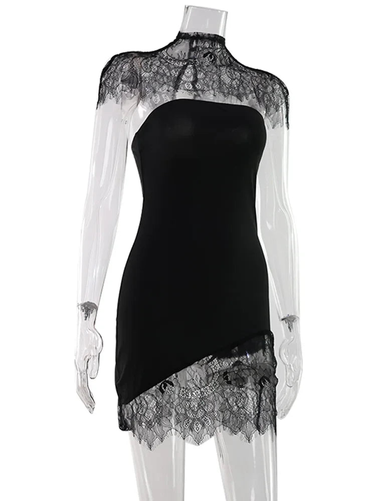 CNYISHE Strapless Solid Lace Patchwork Women Dresses Sheath Sexy Club Hip Wrap Bodycon Vestidos Female Outfits Party Chic