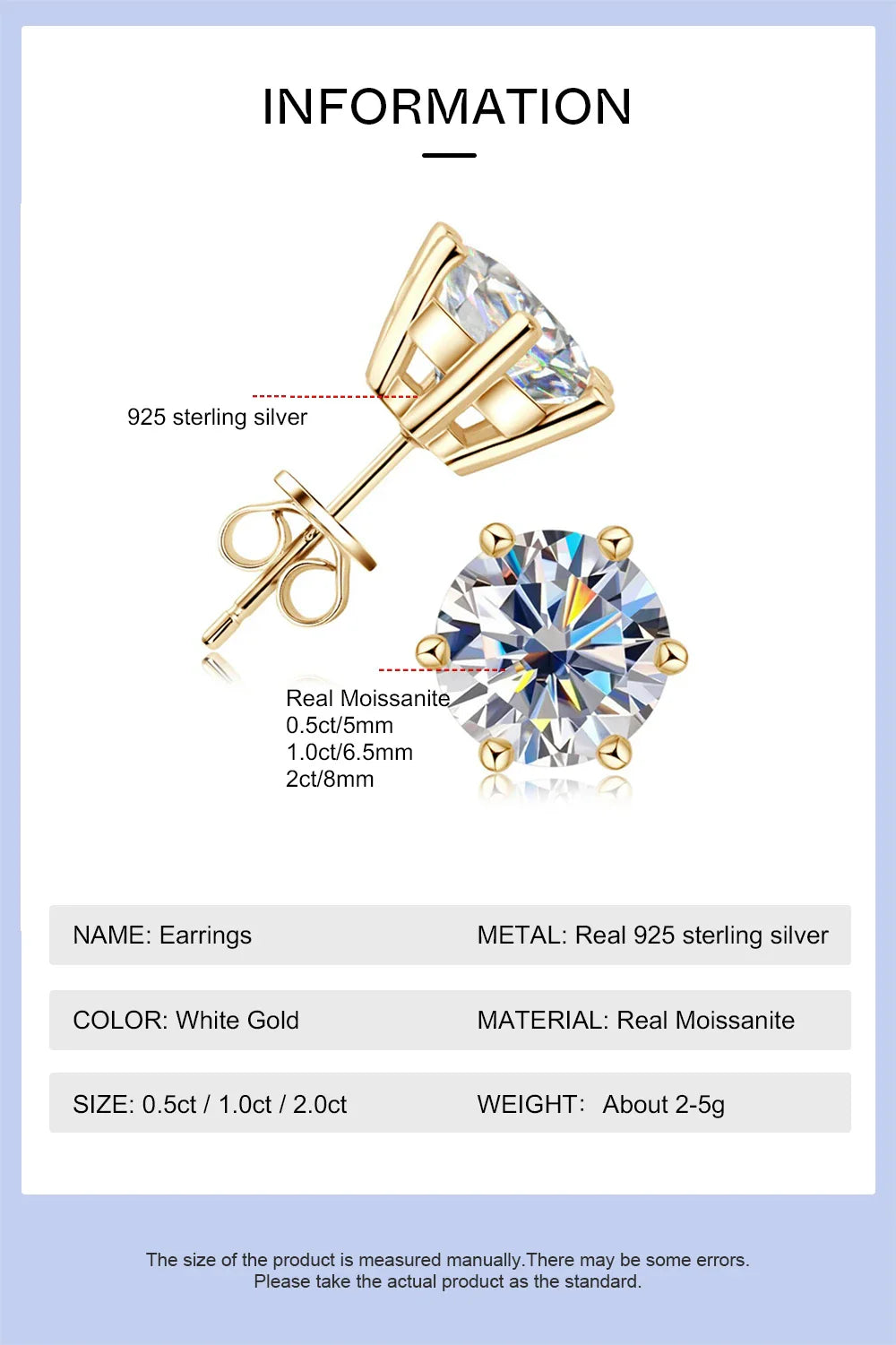 0.5-2ct Moissanite Diamond Stud Earrings 18K Yellow Gold Plated 925 Silver Wedding Earring for Women Men Luxury Jewelry with GRA