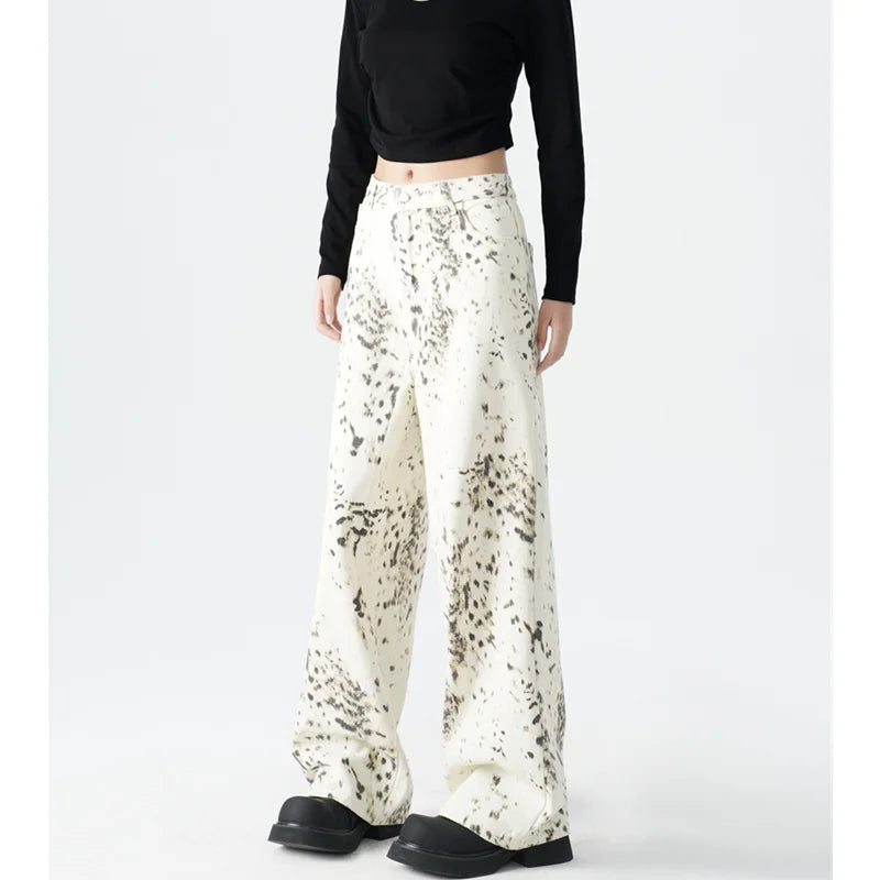 American Retro High Street Casual Leopard Print Loose Wide Leg Pants for Women