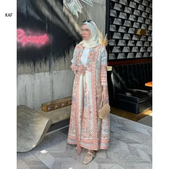 Autumn Women's Long Coat, Retro Printed Long Sleeved Muslim Abaya Saudi Fashion