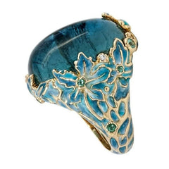 Gold Color Carving Enamel Flower Rings for Women Creativity Inlaid Blue Stone