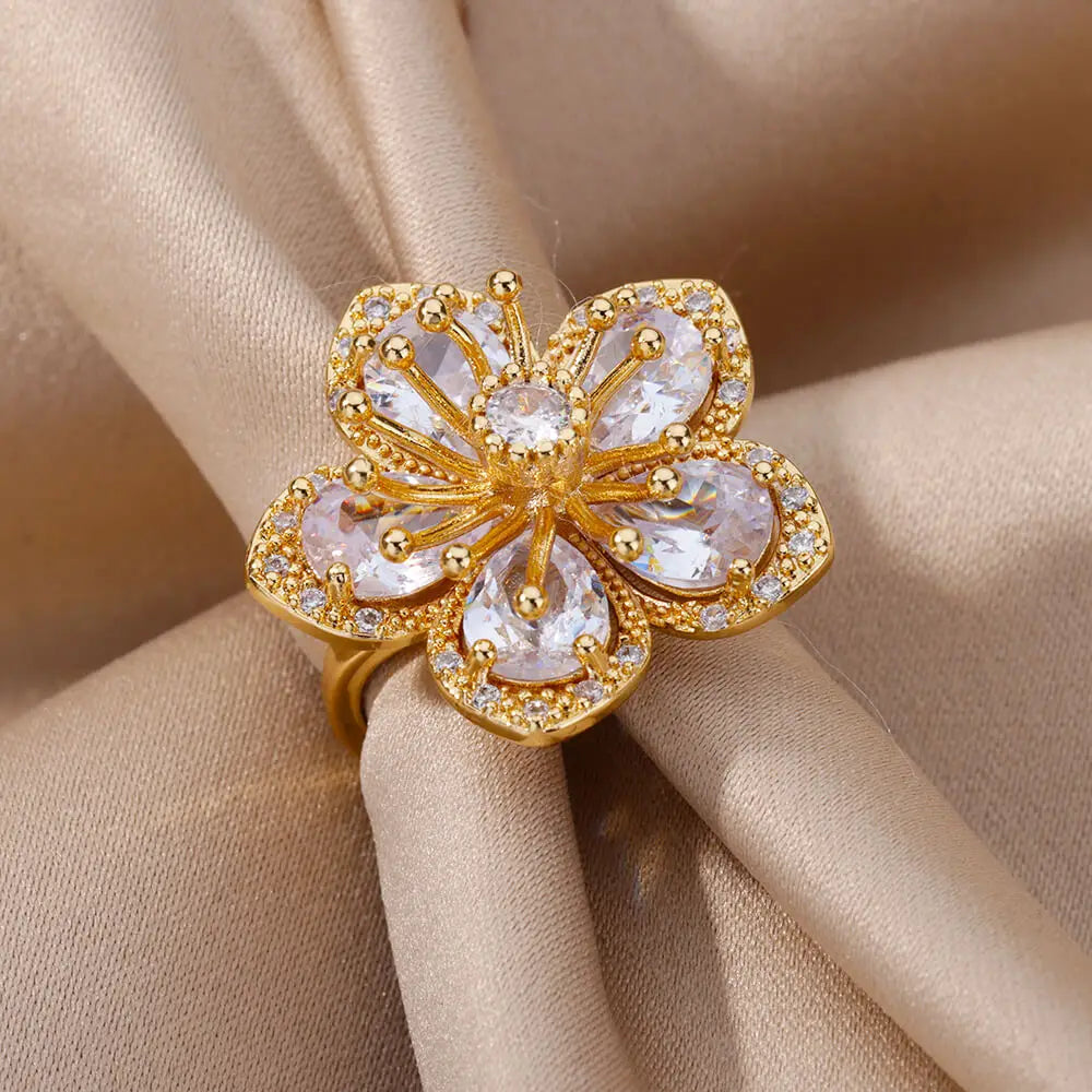Pink Zircon Flower Rings for Women Gold Color Stainless Steel Ring 2024 Trend Elegant