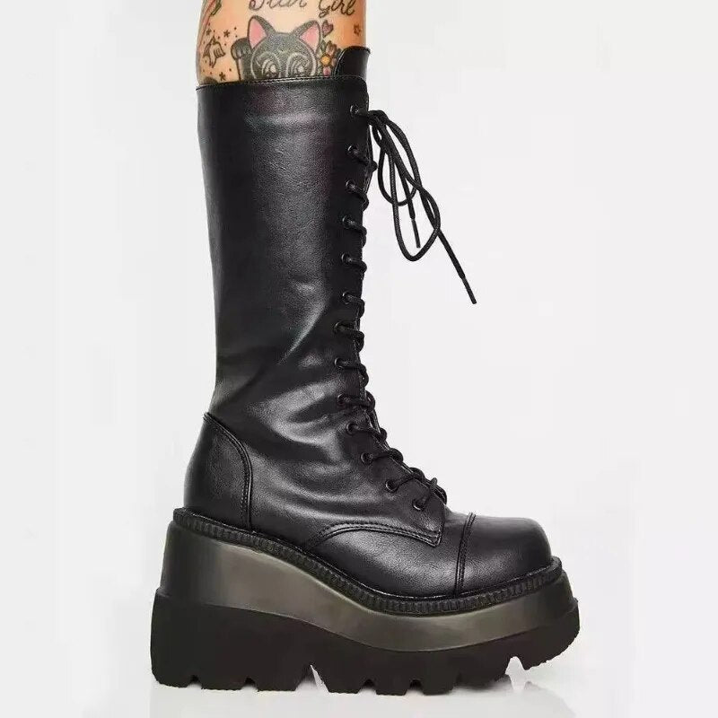 Winter Boots Women Platform Shoes Booties Rain Combat Military Short Leather Black