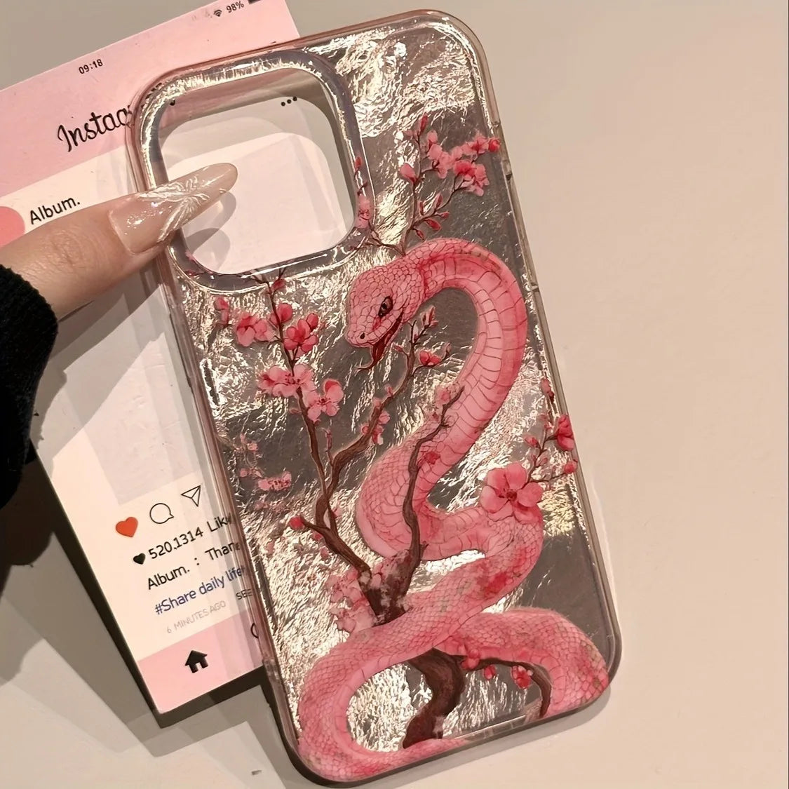 Illustration Plum Blossom Pink Snake Phone Case For iPhone 16 Pro Max 15 14 Plus 13 12 11 XS X XR 7 8 16 Plus SE 2022 16E Cover