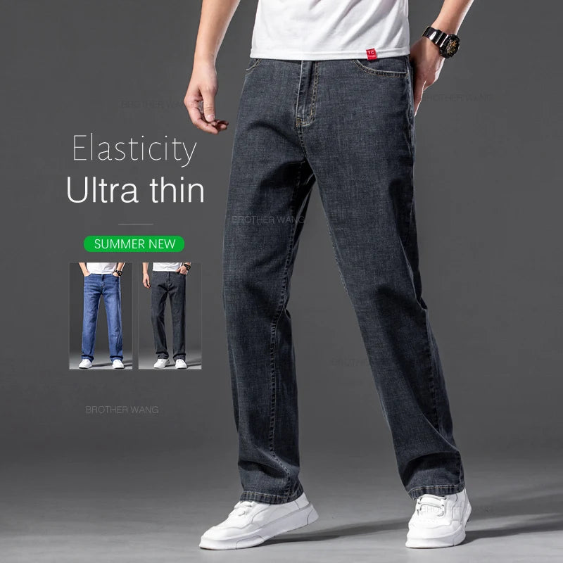 Summer Men's Thin Jeans Baggy Elastic Casual Straight Denim Pants Classic Smoke