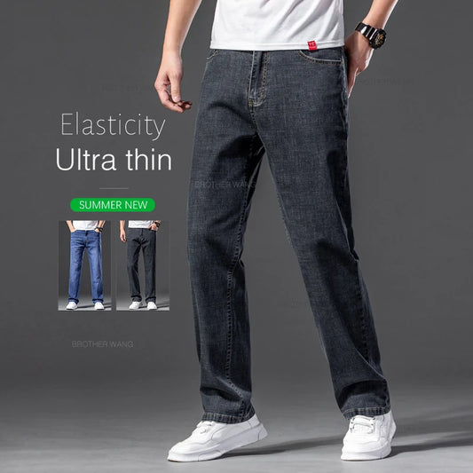 Summer Men's Thin Jeans Baggy Elastic Casual Straight Denim Pants Classic Smoke