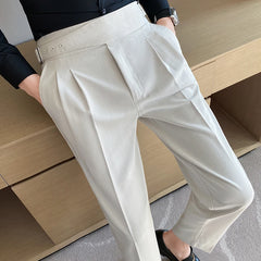 British Style Men High Waist Casual Dress Pant Men Belt Design Slim Trousers Formal