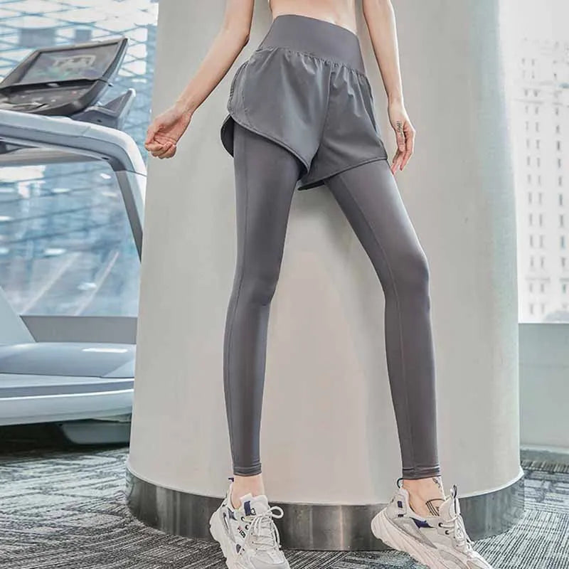 Women Gym Yoga Pants Fake 2 Pieces Sports Pants With Shorts Quick Dry Outdoor