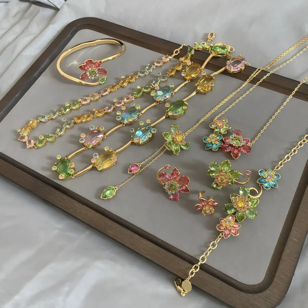 New necklaces for women's flower bracelets light luxury versatile high-end earrings niche design jewelry set