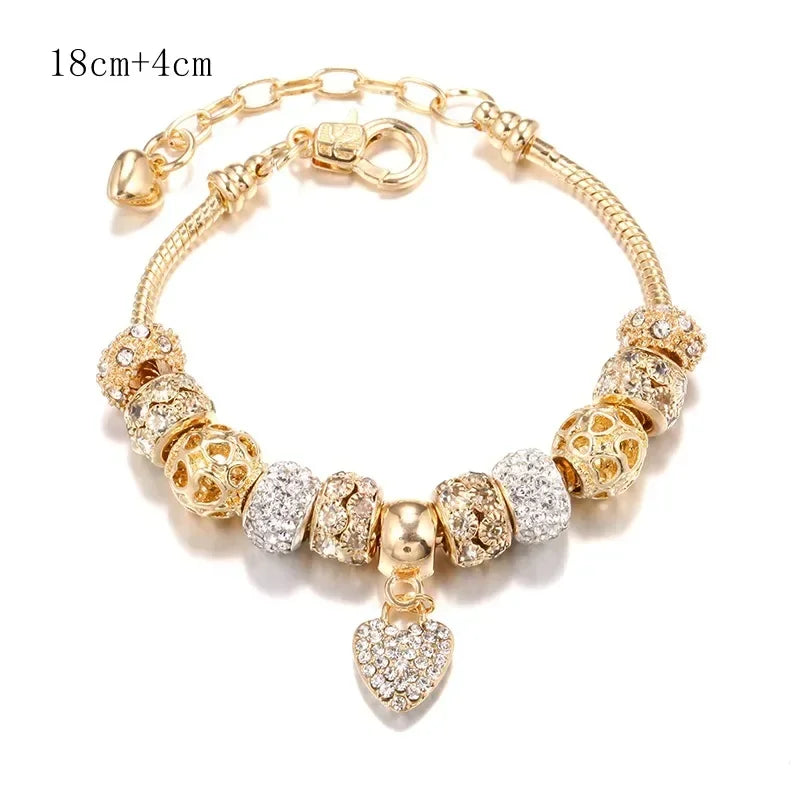 2024 New Crystal Heart Beads Charm Bracelets Gold Color Snake Chain Brand Bracelets for Women Lover Valentine's Day Jewelry Gift
