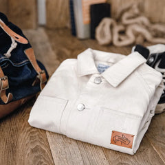 Workwear French Vintage Square Neck White Denim Jacket Large Pocket Raglan Men's