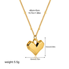 Creative 3D Chunky Love Heart Pendant Necklace for Women 18k Gold Plated Stainless