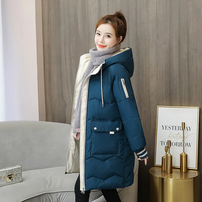Women Winter Coat Mid-length Cotton Padded Parkas Hooded Warm Thicken