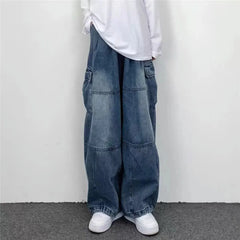 Vintage Wide Leg Big Pocket Overalls Men Y2K Neutral Loose Straight Leg Casual