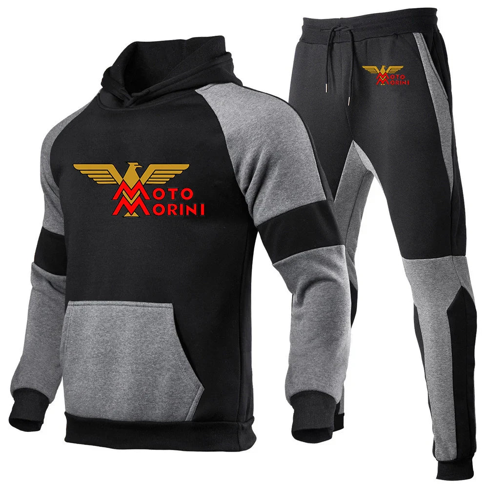 2024 Spring Autumn Men's Moto Morini Logo Print Sports Splicing Cotton Hooded Tracksuit+Jogging Sweatpants Trend Comfortable Set