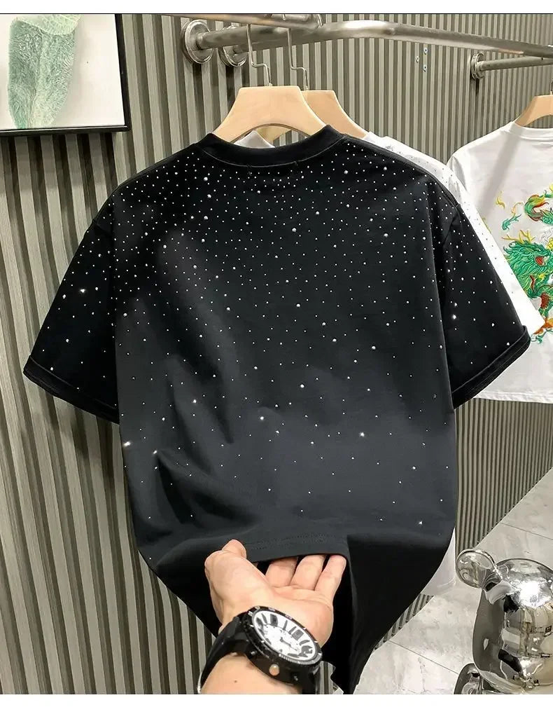 Summer Rhinestone Rivet T-shirt for Men Clothing Round Neck Casual T-shirt Fashion High Street 2025 Men's Summer Short Sleeves