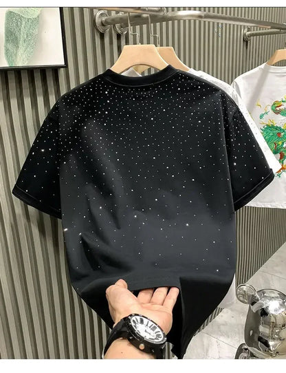 Summer Rhinestone Rivet T-shirt for Men Clothing Round Neck Casual T-shirt Fashion High Street 2025 Men's Summer Short Sleeves