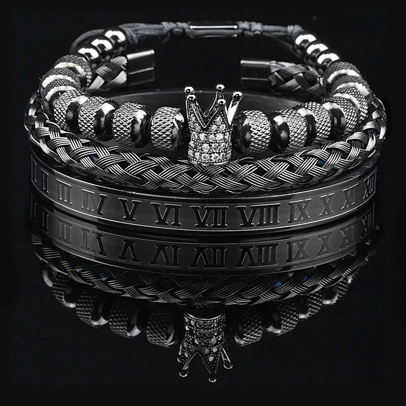 3Pcs Luxury Set Crown Charms Man Bracelet Roman Gold Women Bangles Hand Jewelry Valentine's Day Gift Creative Bracelet