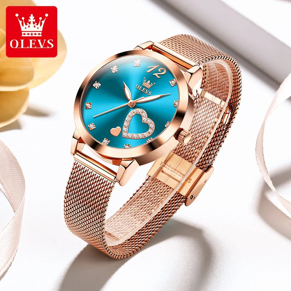 OLEVS 5189 Women's Watch Quartz Wristwatch Casual Fashion Watch for Ladies Waterproof Luminous Mesh Belt Love Dial Zircon Scale