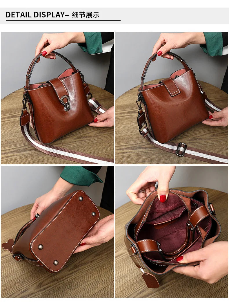 Real Oil Wax Leather Women's Bucket Bag Casual and Simple Handbag Large Capacity
