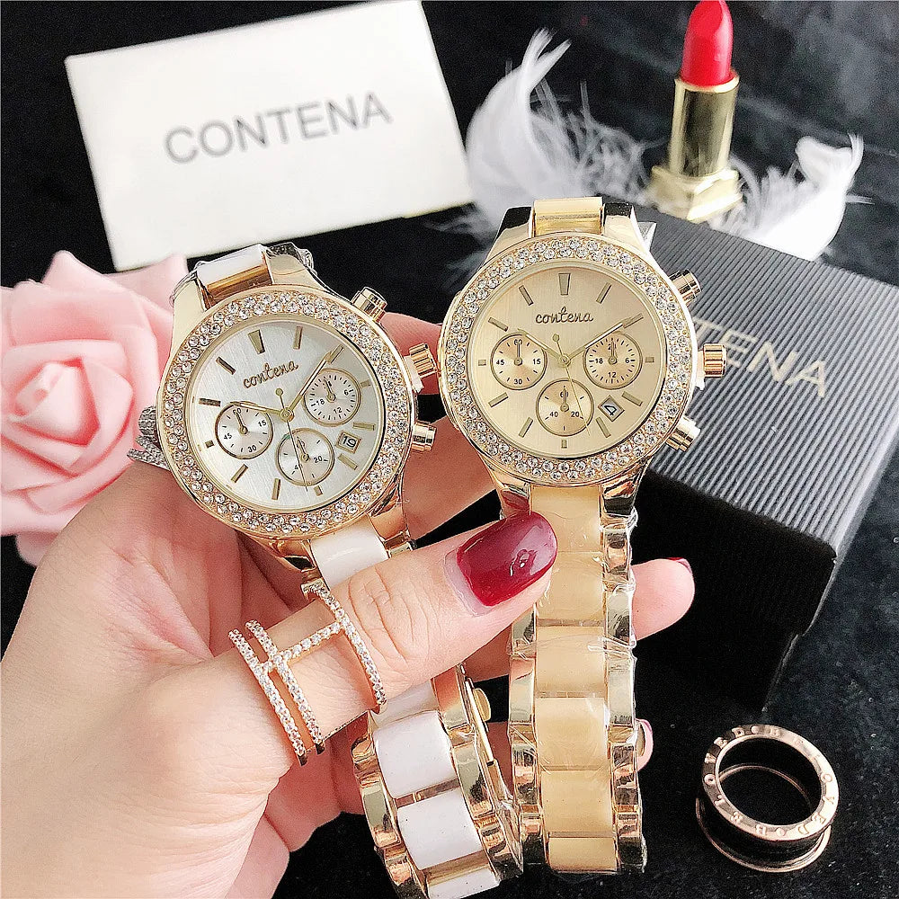 CONTENA Brand Women's Watch Top Luxury Crystal Rose Gold Watches for Women Quartz Wristwatch Bracelet Fashion Clock Montre Femme