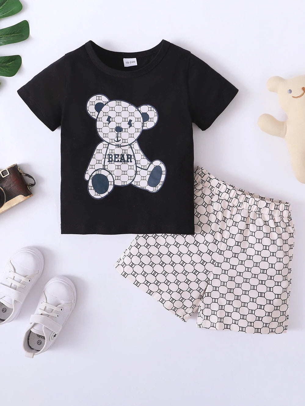 2PCS Kids Boys Summer Clothing Set Bear Print T-shirt + Wave Point Shorts Fashion Casual Sports Suit for Children Boy 1-6 Years