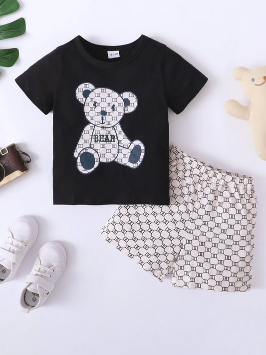 2PCS Kids Boys Summer Clothing Set Bear Print T-shirt + Wave Point Shorts Fashion Casual Sports Suit for Children Boy 1-6 Years