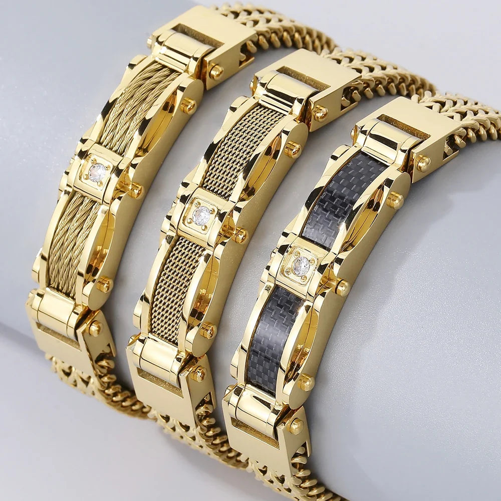 Luxury Bracelet for Men Gold Color 12MM Wide Stainless Steel Square Franco Link Chain Men's Wrist Bracelets With Magnet Clasp