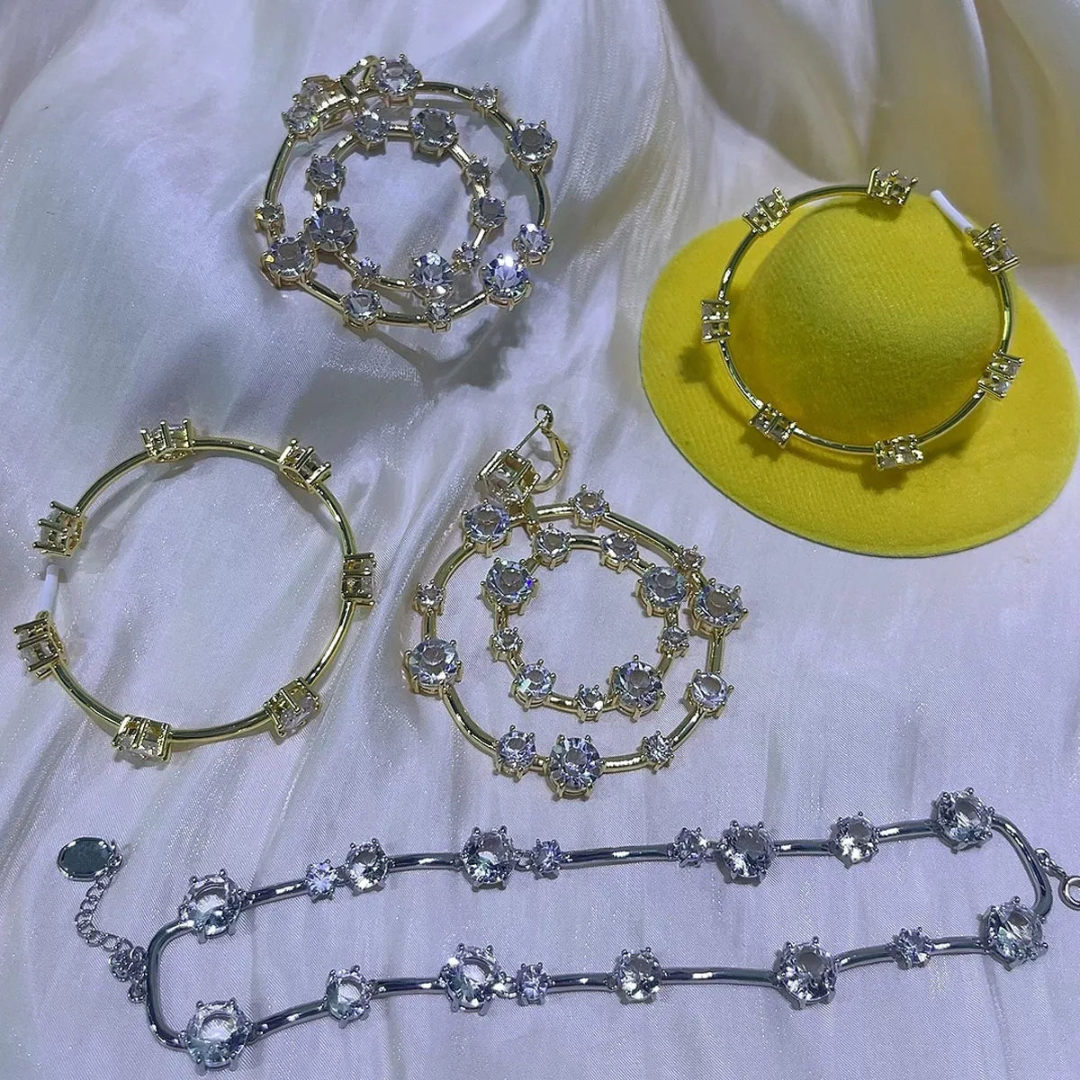 High Quality Charms Gift Fine Jewelry Sets Original Luxury Shiny Gold Silver Crystal Necklace Bracelet Large Hoop Earrings Women