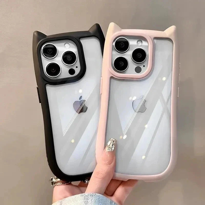Soft Silicone Cute Cat Ear Phone Case For iPhone 16 17 13 15 14 12 11 Pro Max Air XS Max Funda Transparent Shockproof Back Cover