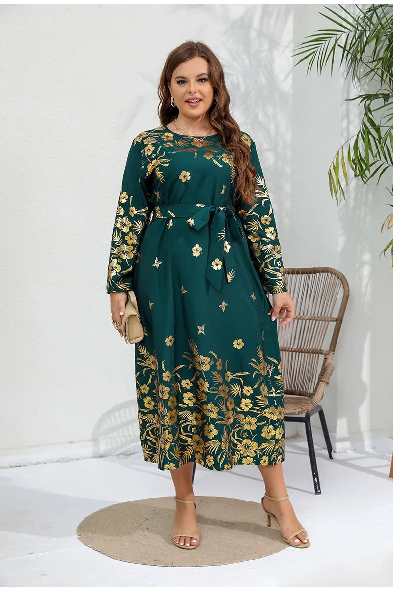 Autumn/Winter New Loose Size Dress with Gold Stamped Print Long Sleeves and Fat mm Long Skirt plus size women clothing