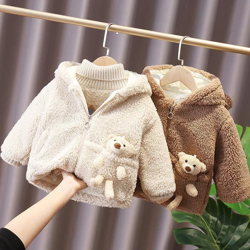 Baby Boy Jacket Winter Thicken Warm Hooded Children's Outerwear Cute Bear Plush Coat