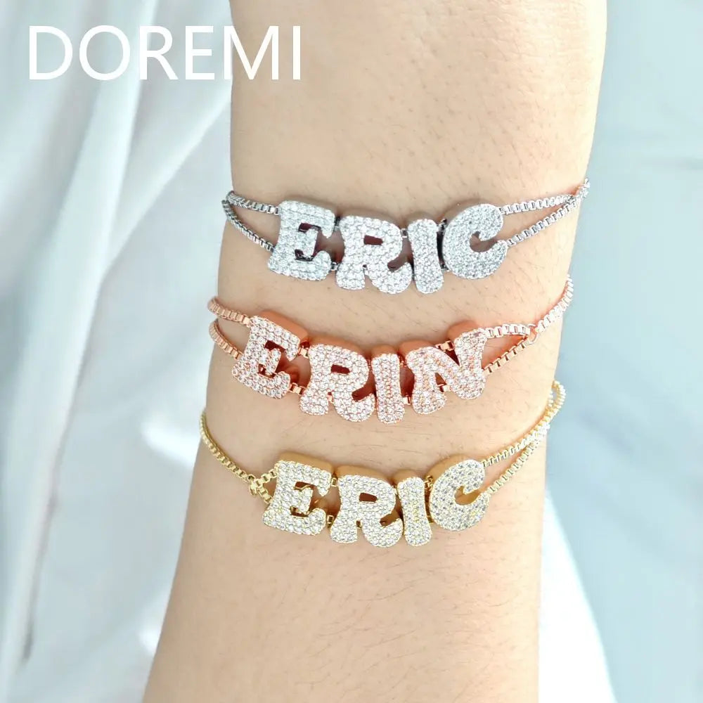 DOREMI Crystal Zircon Name Customized Letter Doubel Chain Mesh Dainty Sliding Slider Letter Personalize Name Bracelets