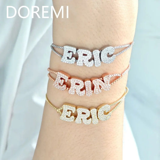 DOREMI Crystal Zircon Name Customized Letter Doubel Chain Mesh Dainty Sliding Slider Letter Personalize Name Bracelets