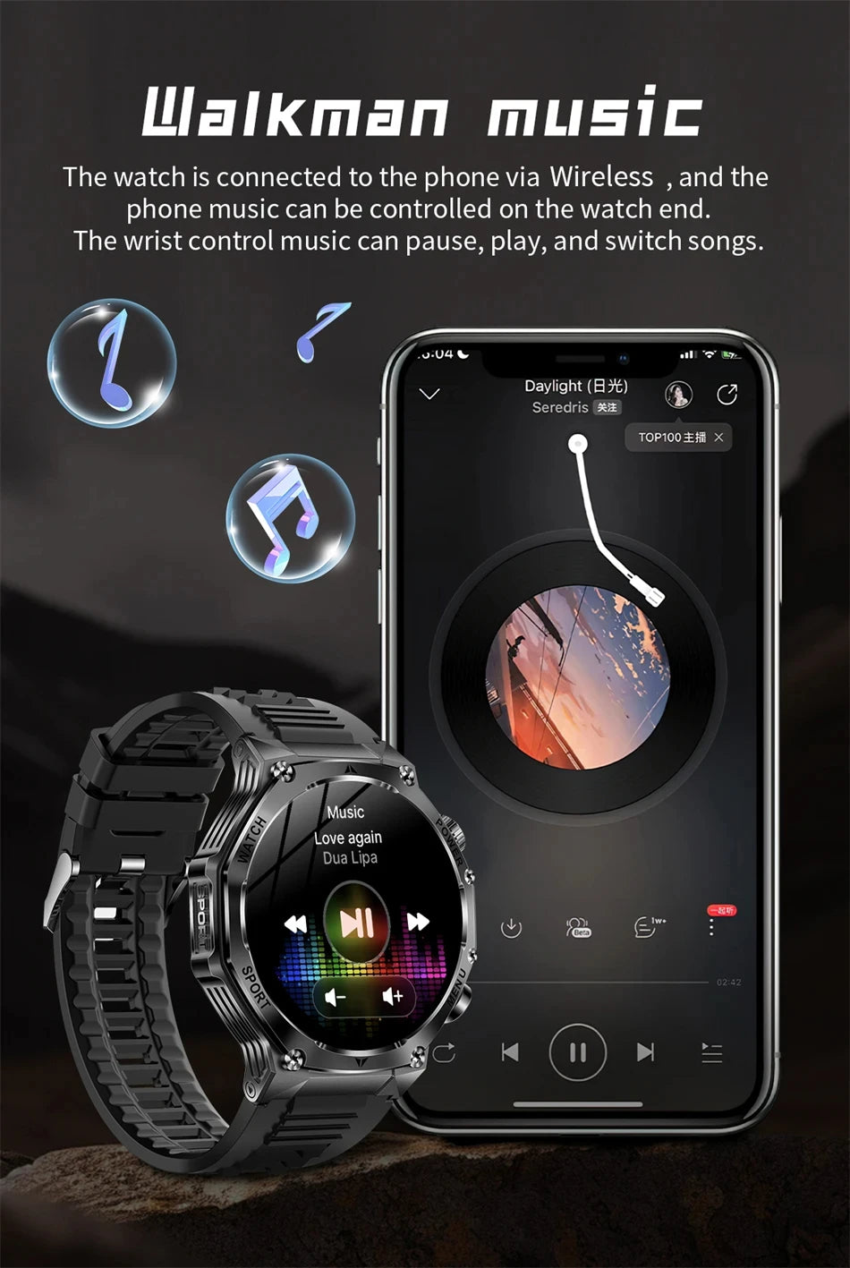 Rugged Outdoor Sports AK82 Smartwatch 1.85" HD Touchscreen 800mAh Long Battery Life Fitness Tracker Calorie Distance Smart Watch