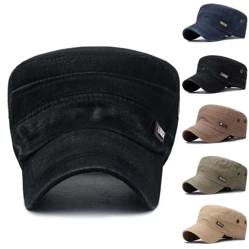Vintage Washed Cotton Military Caps Flat Top Baseball Cap Adjustable Fitted Thicker Cap Sun Protection Men Women Cadet Army Cap