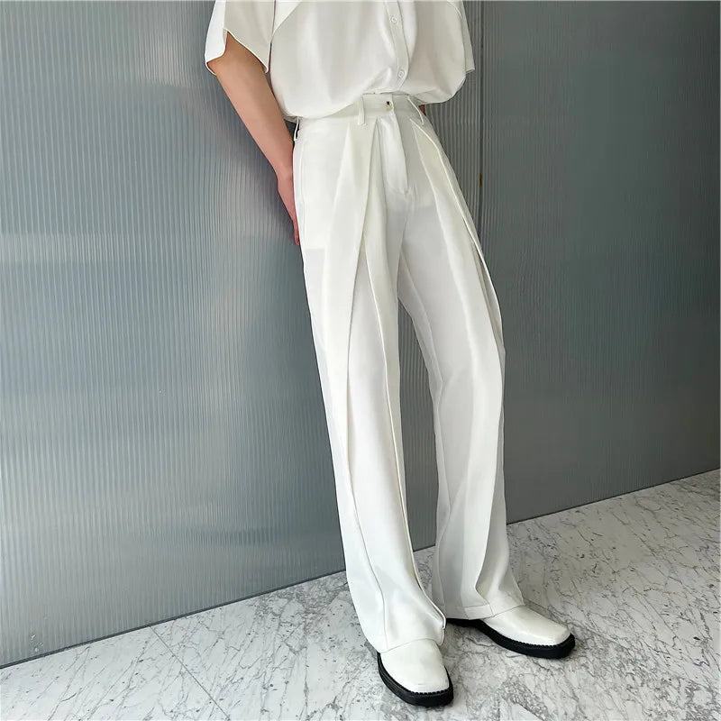 Fashion Pleat Design Casual Pants Men's Solid Color Straight Loose Spring