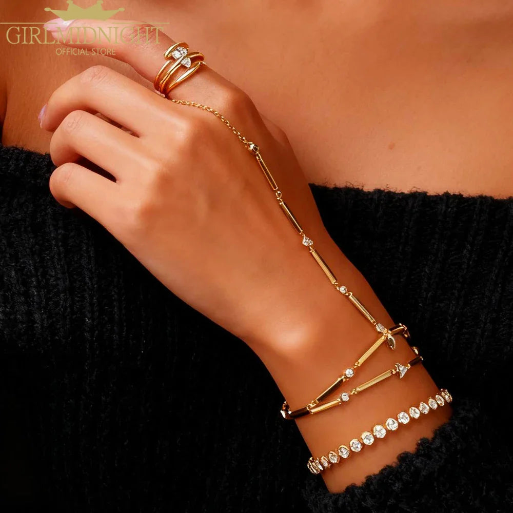 High Quality Long Tassel With Slippy Bar Bling Round Oval Triangle CZ Setting Women Unique Bracelet Wrap One's Finger Jewelry