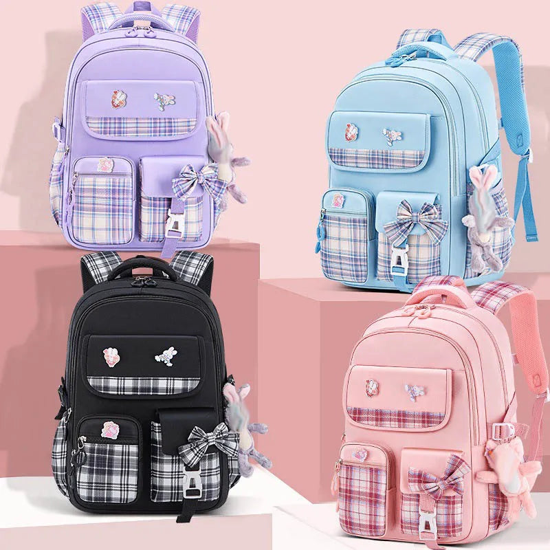 Protecting The Spine Ergonomics Elementary School Students Girls Checkered Backpack Large Capacity Lightweight Waterproof