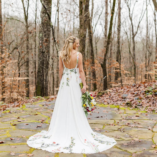 White Bridesmaid Dresses: A Line Embroidered Wildflower Colorful Wedding Dress