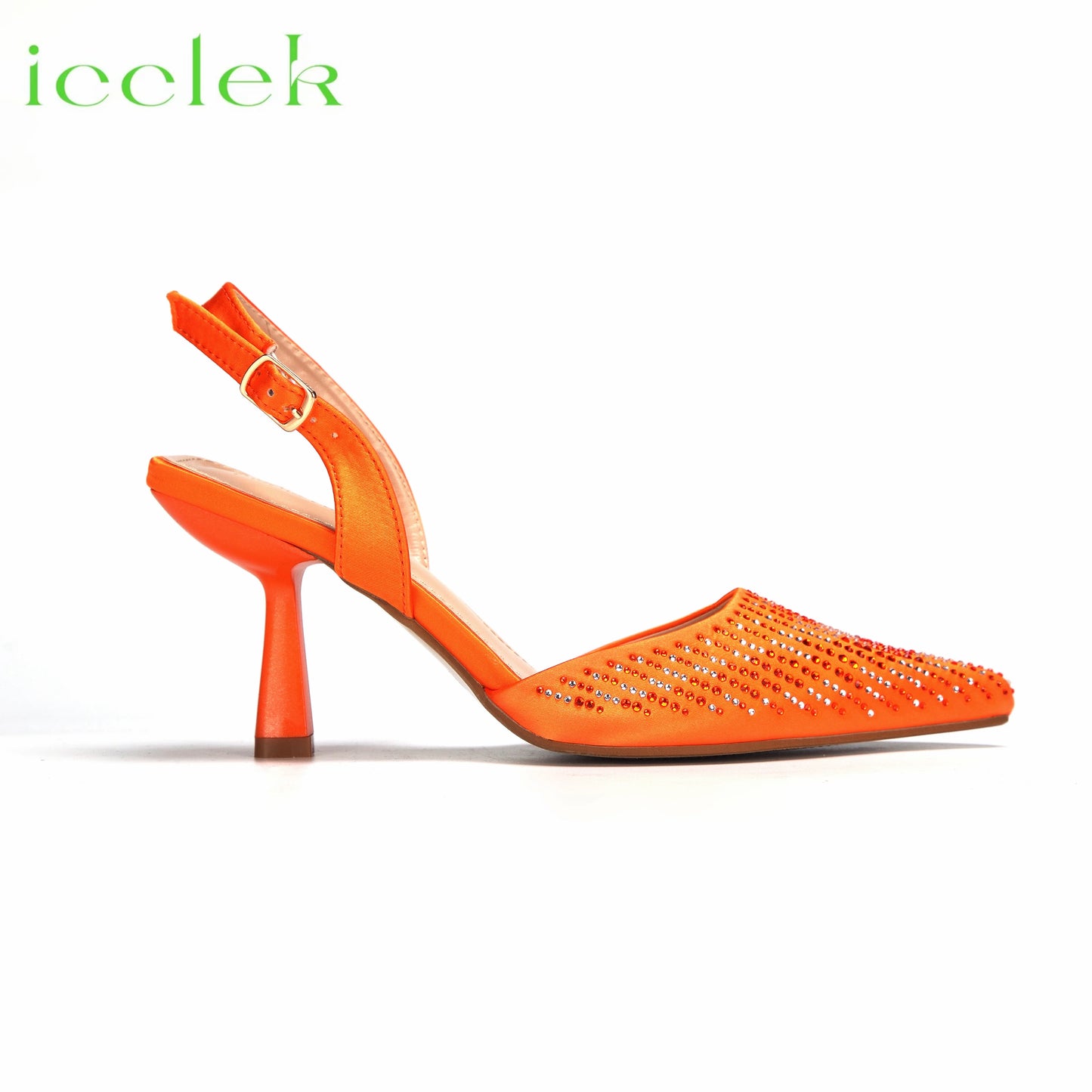 Orange Color Pointed Toe Crystal Design Thin Heel Ladies Shoes Matching Bag Set For Nigerian Women Party
