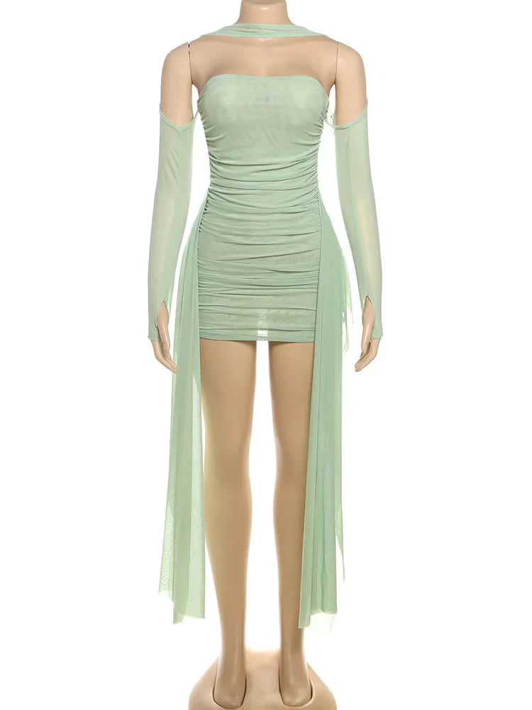 kliou Mesh Simple Women Mini Dress Fashion Solid Strapless Ribbons Tassel Body-shaping Vestidos+Seperately Full Sleeve Gloves