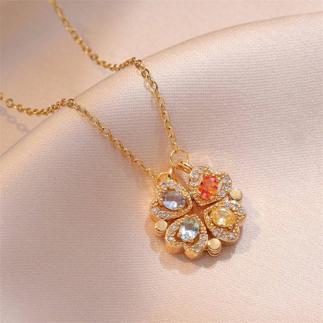 Fashion Retro Lucky Four Leaf Clover Women Necklace Gothic Love Heart Pendant