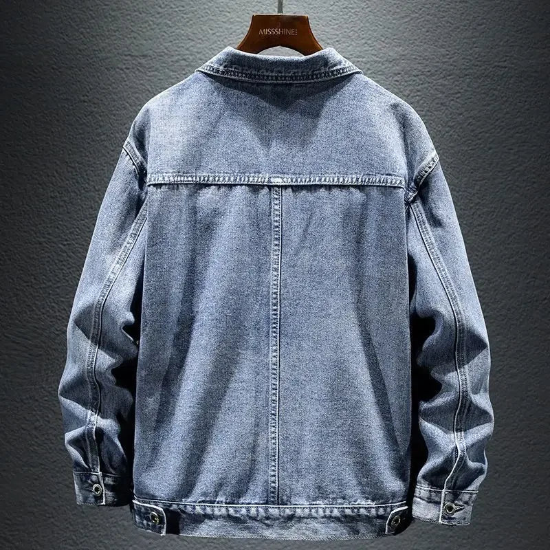 Denim Jackets Man Cargo Button Jeans Coat for Men Gray One Piece Cowboy Washed Clothing