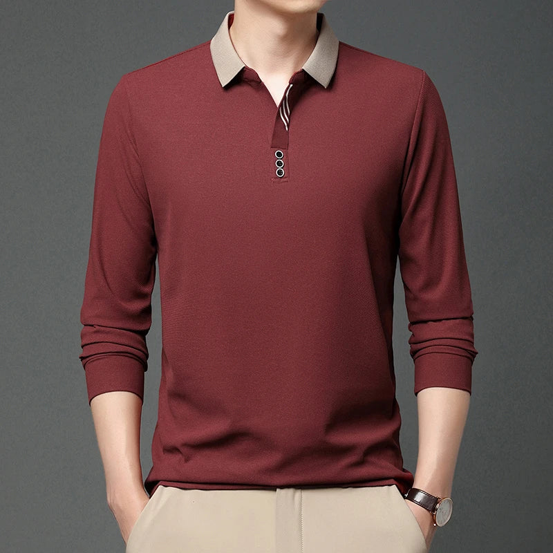 New Men's Business Casual Long Sleeved Shirt Solid Color Polo Shirt Fashionable Breathable Comfortable Versatile Top