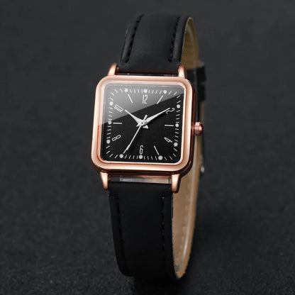 6PCs/Set Women's Fashion Watch Square Simple Dial Leather Quartz Watch with Love Bracelet Set