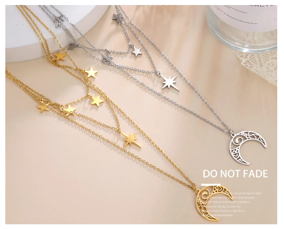 Teamer Three Layer Witchy Necklace for Women Star Moon Stainless Steel Necklaces