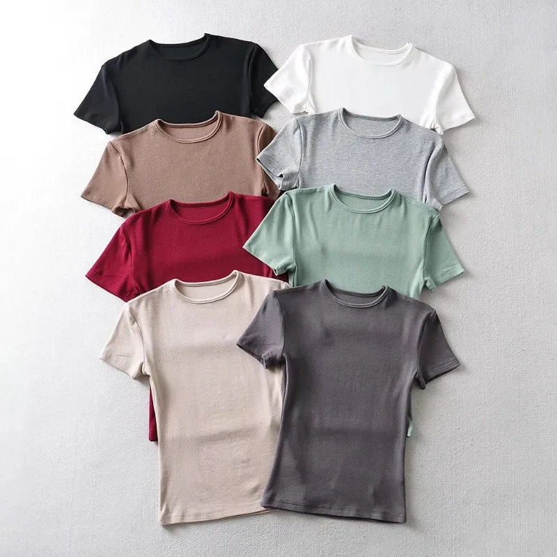 Casual Summer Woman Skinny Fit T-shirt Tight Short-Sleeve O-neck Tee Basic Solid Crop Tops T Shirt