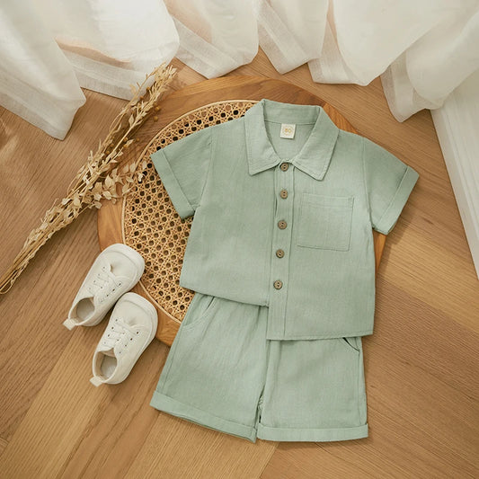Fashion New Summer Toddler Boy Clothes Set Kids Cotton Linen Outfits Solid Color Short Sleeve Button Down Shirt Tops Shorts Suit
